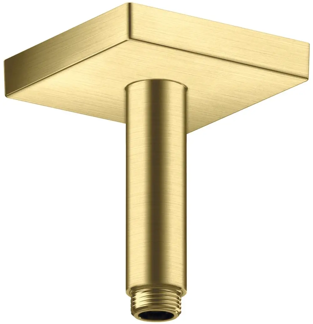 AXOR Deckenanschluss mit quadratischer Abdeckung und zylindrischem Rohr, in gebürstetem Messing-Finish, für die Montage in Badezimmern.